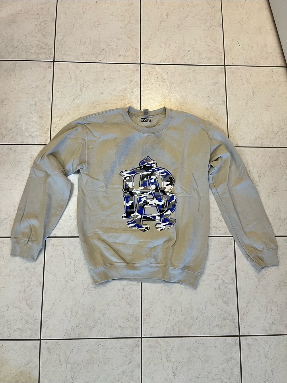 Bape Light Gray Crewneck Sweatshirt with Blue Camo LA Graphic